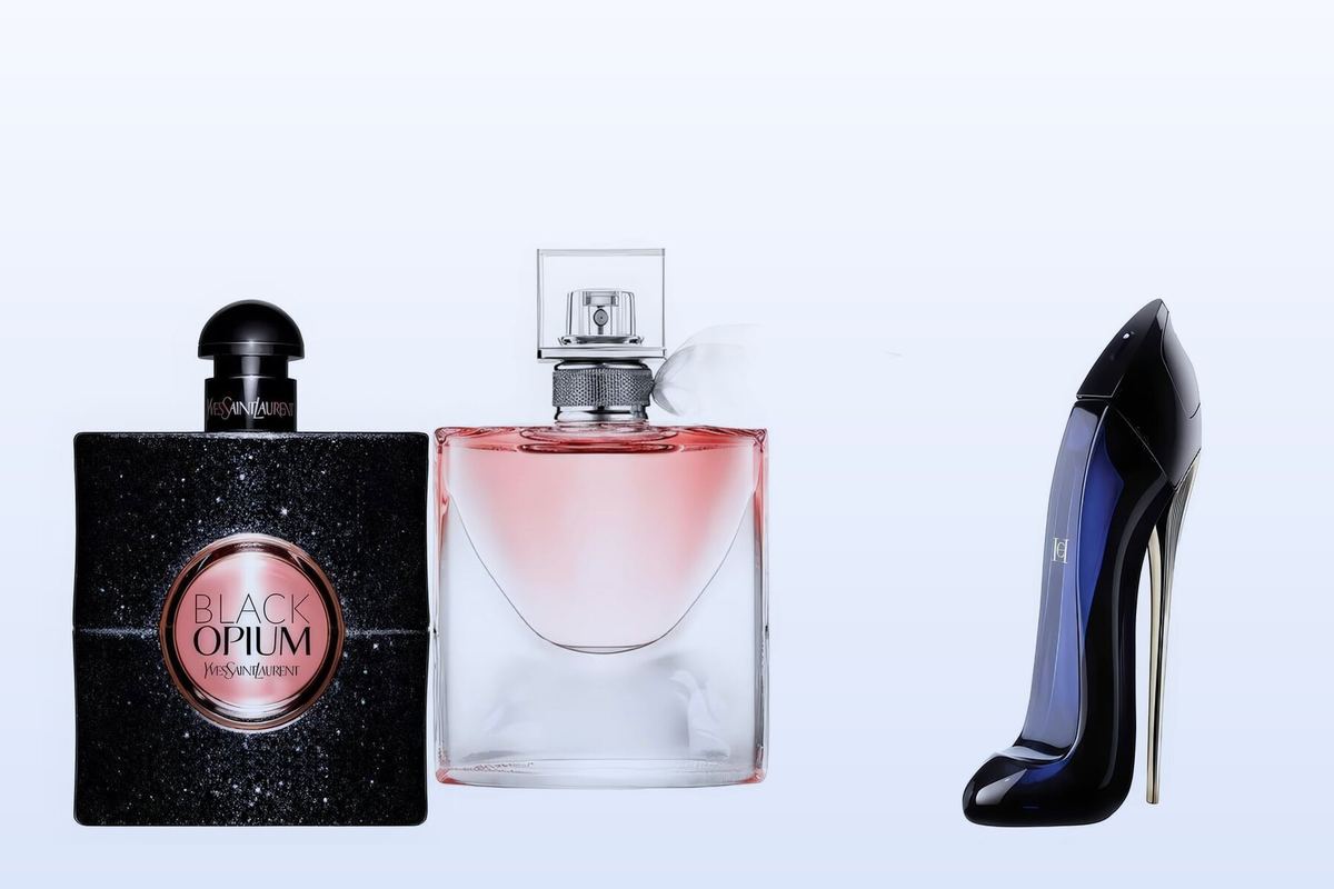 Three bottles on a pale blue background, Black Opium, La Vie Est Belle and Good Girl