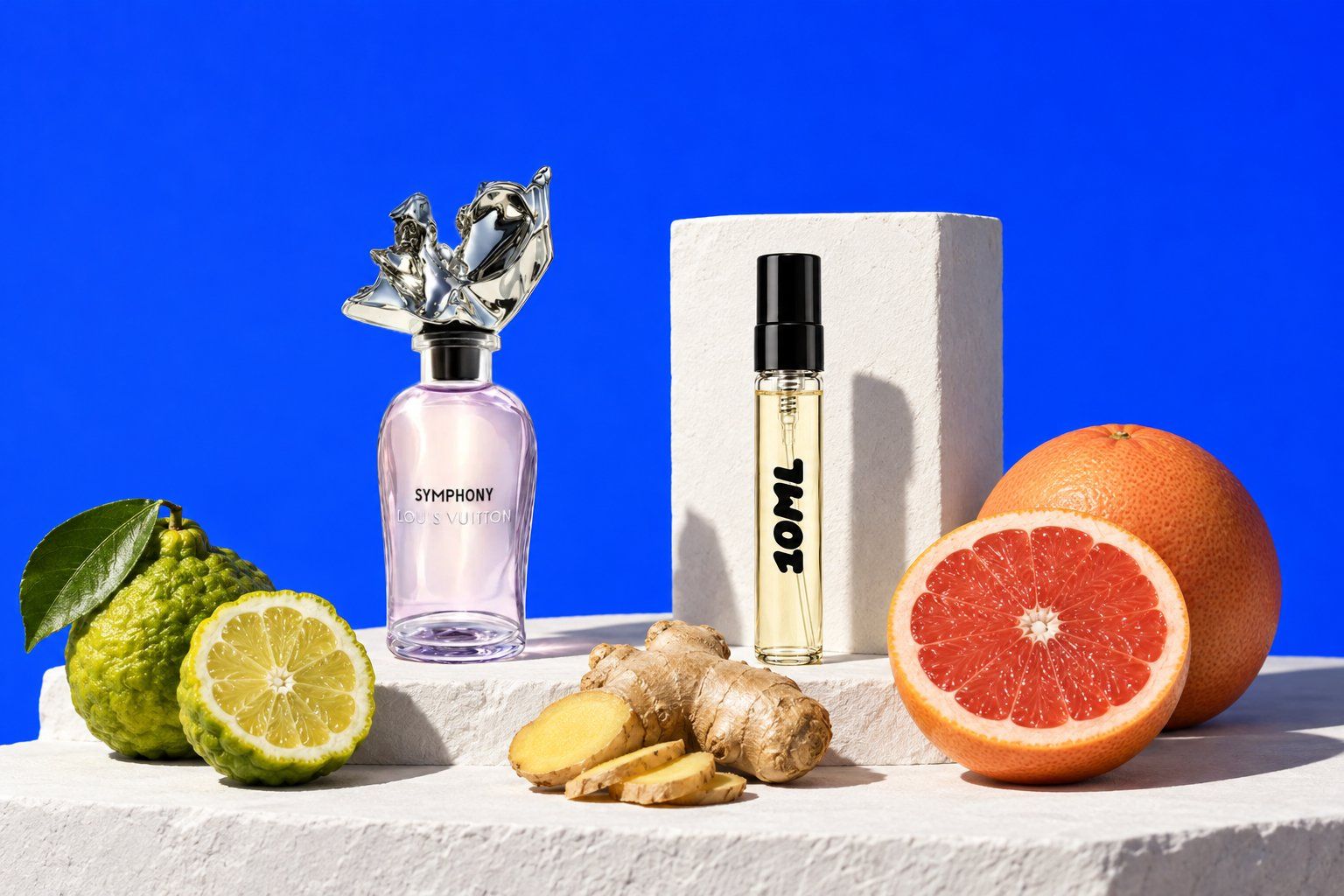 Symphony by Louis Vuitton next to a 10ML decant, with bergamot, ginger and grapefruit, its key notes