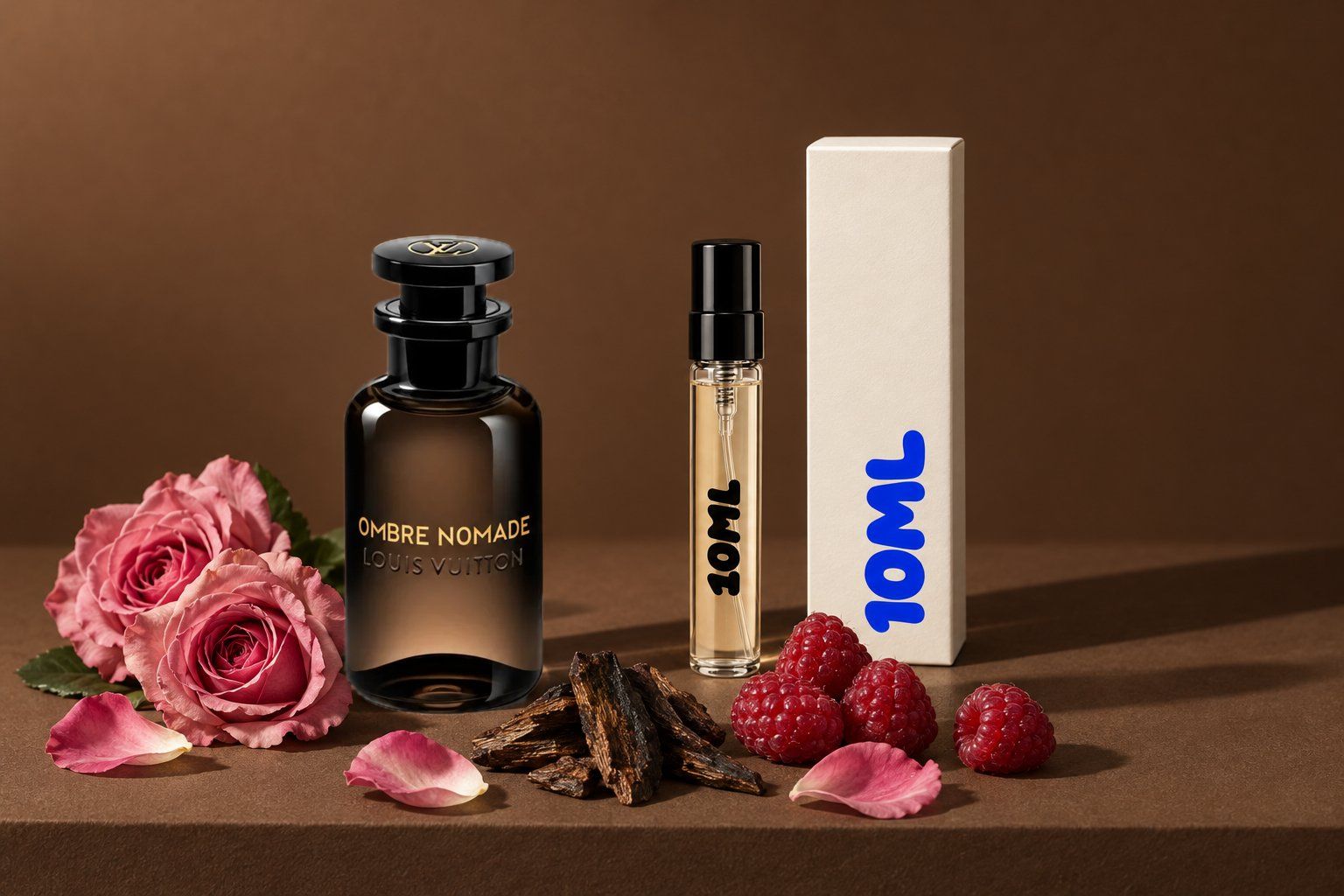 Ombre Nomade de Louis Vuitton à côté d'un décant 10ML, avec ses notes clés : oud, framboise et rose