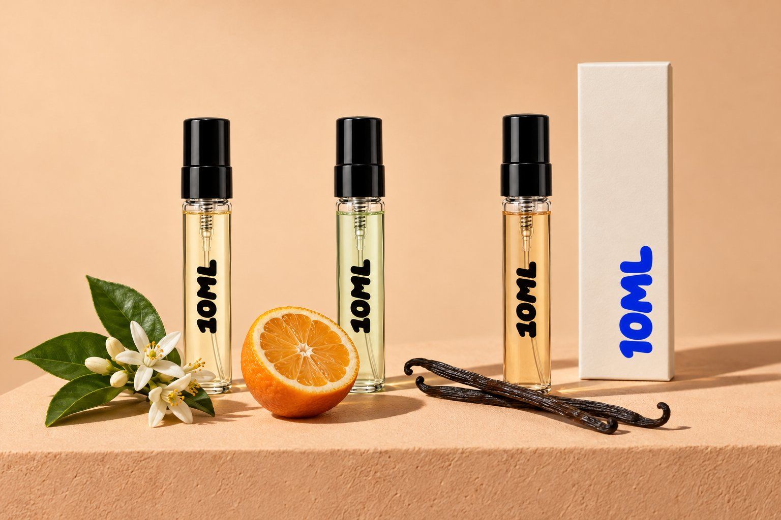 Three 10ML 3ml decants with fresh orange blossom, a halved bitter orange and vanilla pods, the notes of orange blossom and neroli perfumes