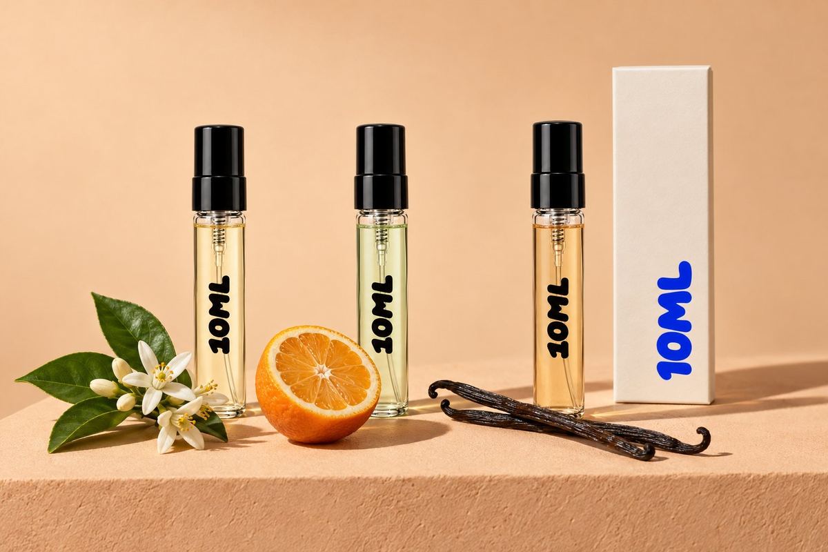 Three 10ML 3ml decants with fresh orange blossom, a halved bitter orange and vanilla pods, the notes of orange blossom and neroli perfumes