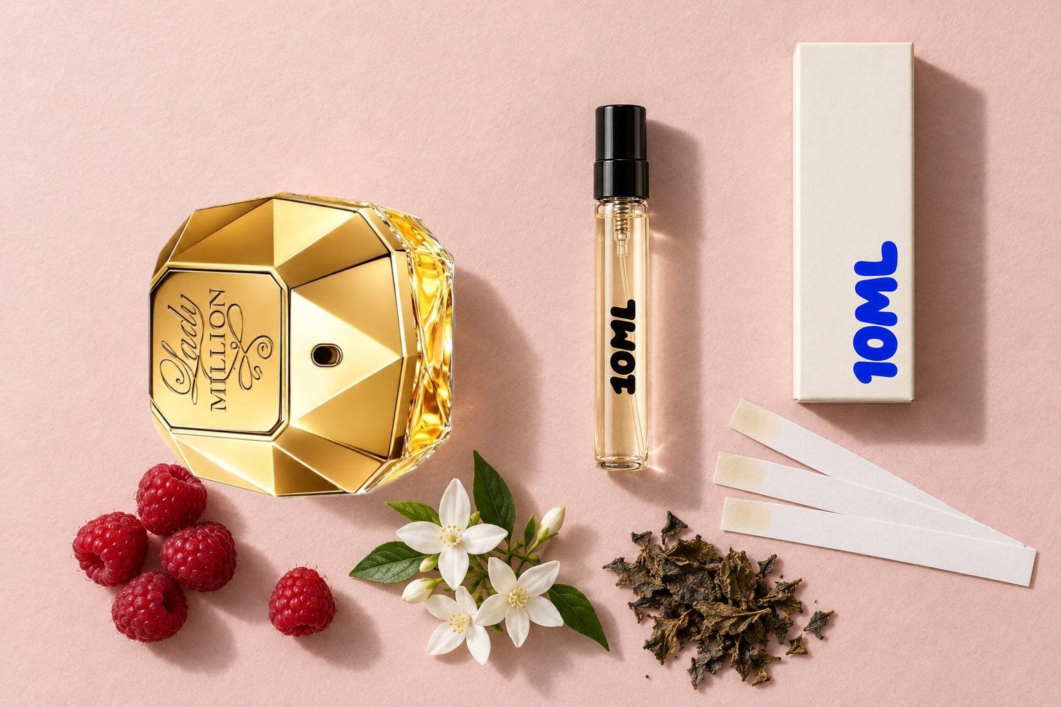Lady Million by Rabanne next to a 10ML decant, with raspberry, jasmine and patchouli, its key notes