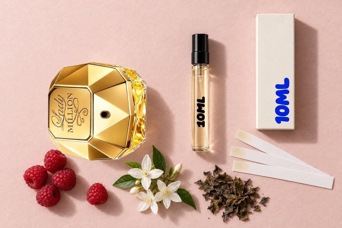 Lady Million by Rabanne next to a 10ML decant, with raspberry, jasmine and patchouli, its key notes
