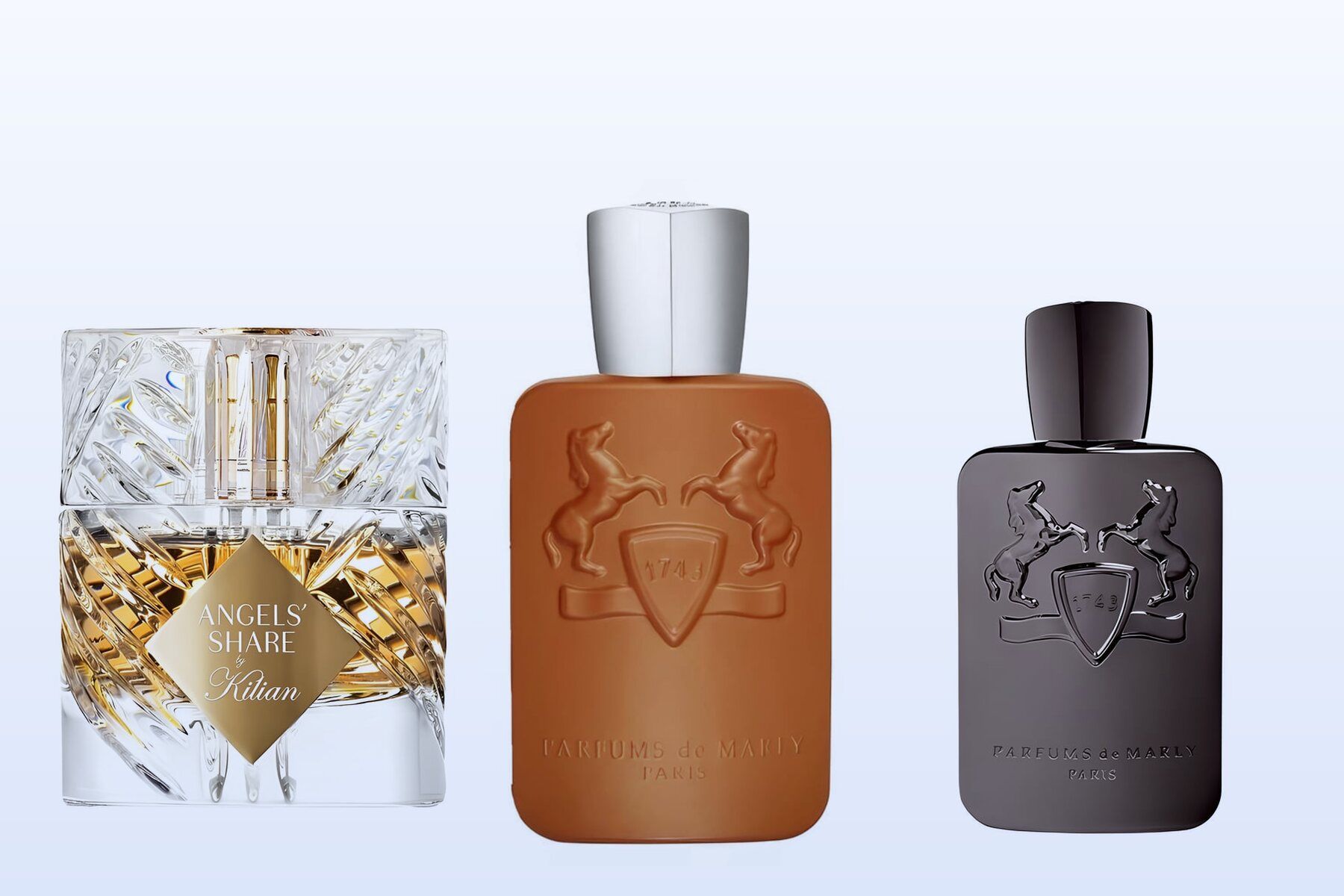Angels' Share, Althaïr and Herod bottles on a pale blue background