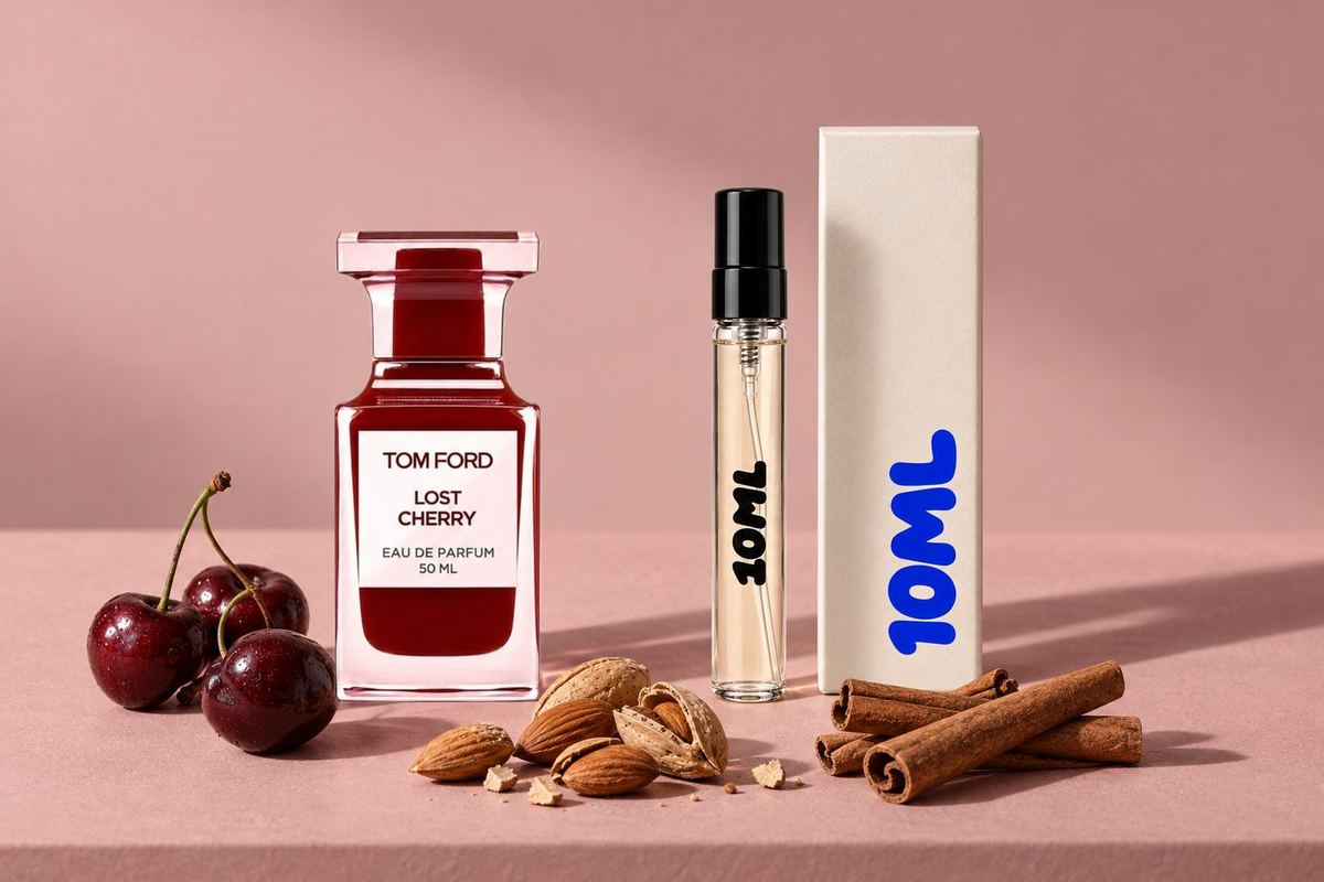 Lost Cherry marki Tom Ford obok odlewki 10ML i kluczowe nuty: czarna wiśnia, gorzki migdał i cynamon