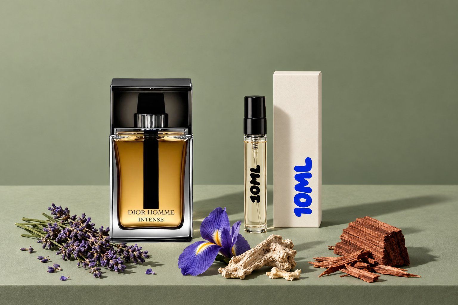 Dior Homme Intense by Dior next to a 10ML decant, with lavender, iris and cedarwood, its key notes
