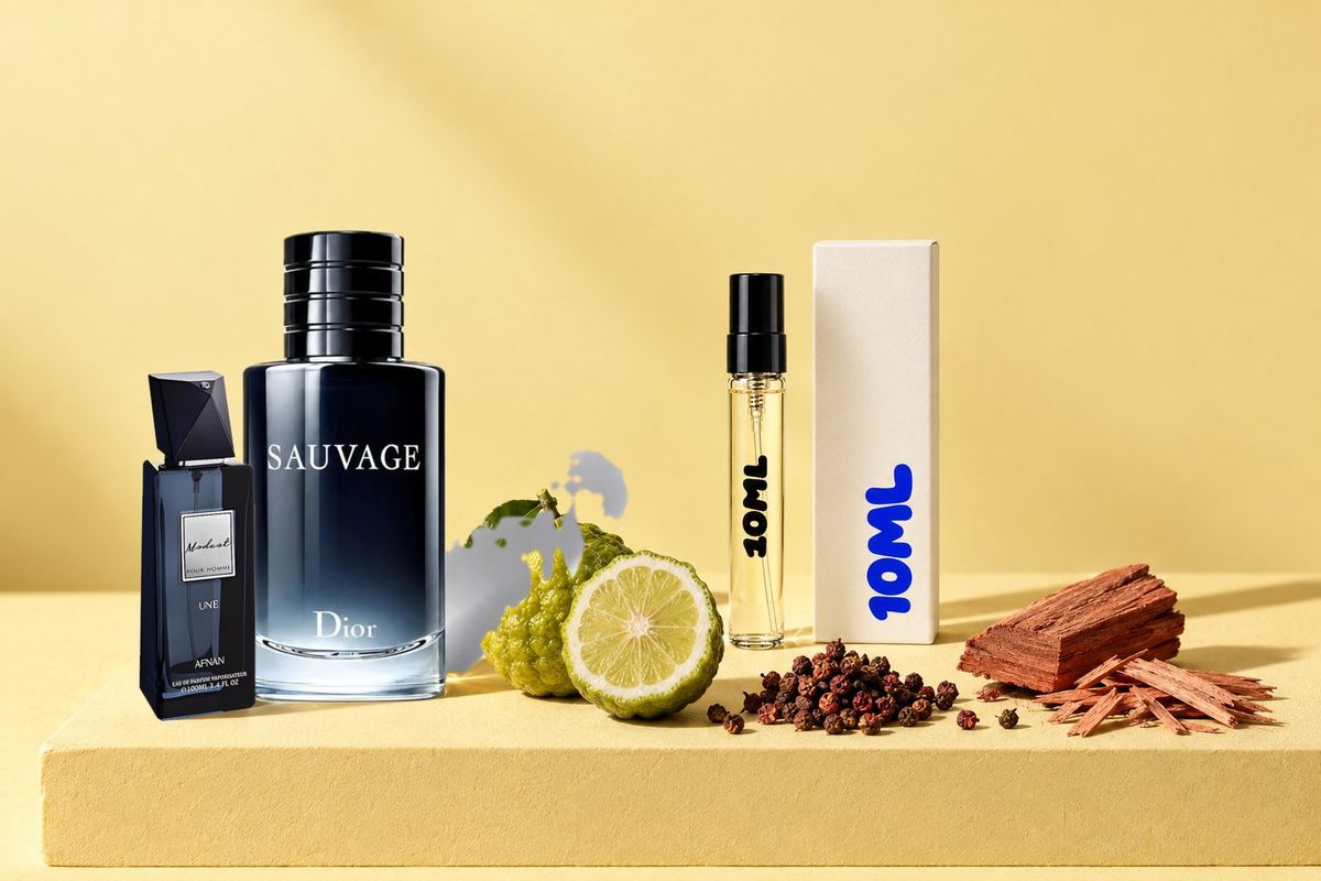 Sauvage de Dior à côté d'un décant 10ML, avec ses notes clés : bergamote, poivre de Sichuan et bois de cèdre
