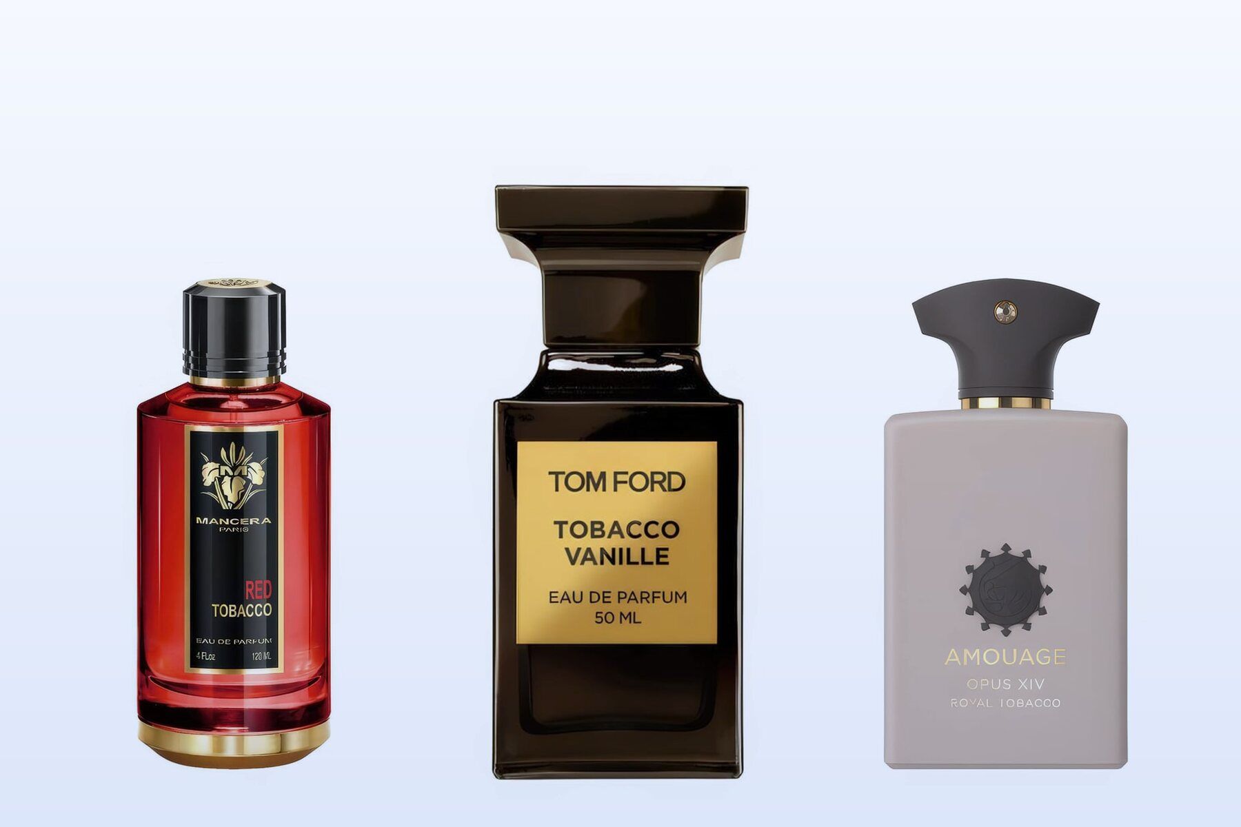 Red Tobacco, Tobacco Vanille és Opus XIV Royal Tobacco üvegek halványkék háttéren