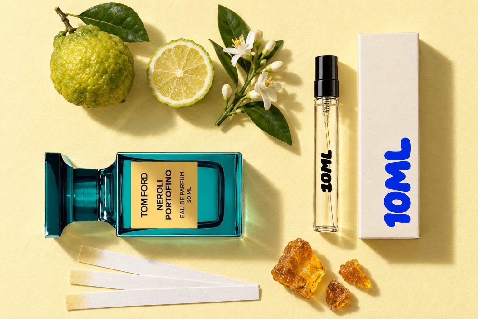 Neroli Portofino by Tom Ford next to a 10ML decant, with bergamot, neroli and amber, its key notes