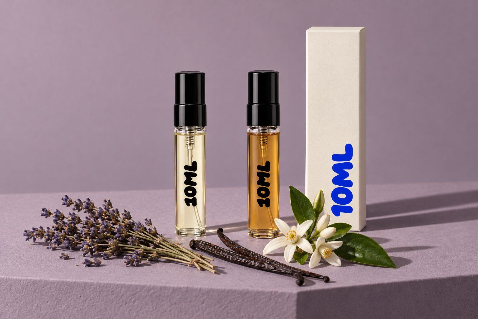Two 10ML decants of pale gold and deep amber perfumes with dried lavender, orange blossom and vanilla pods