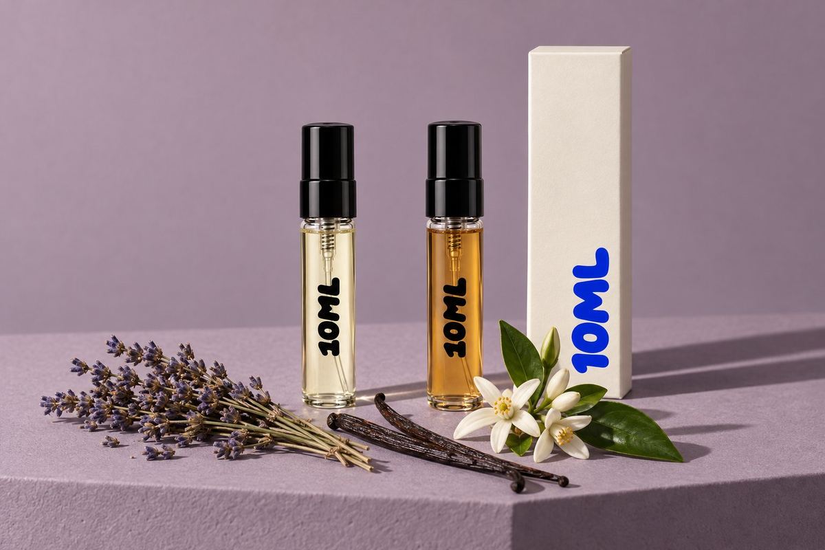 Two 10ML decants of pale gold and deep amber perfumes with dried lavender, orange blossom and vanilla pods