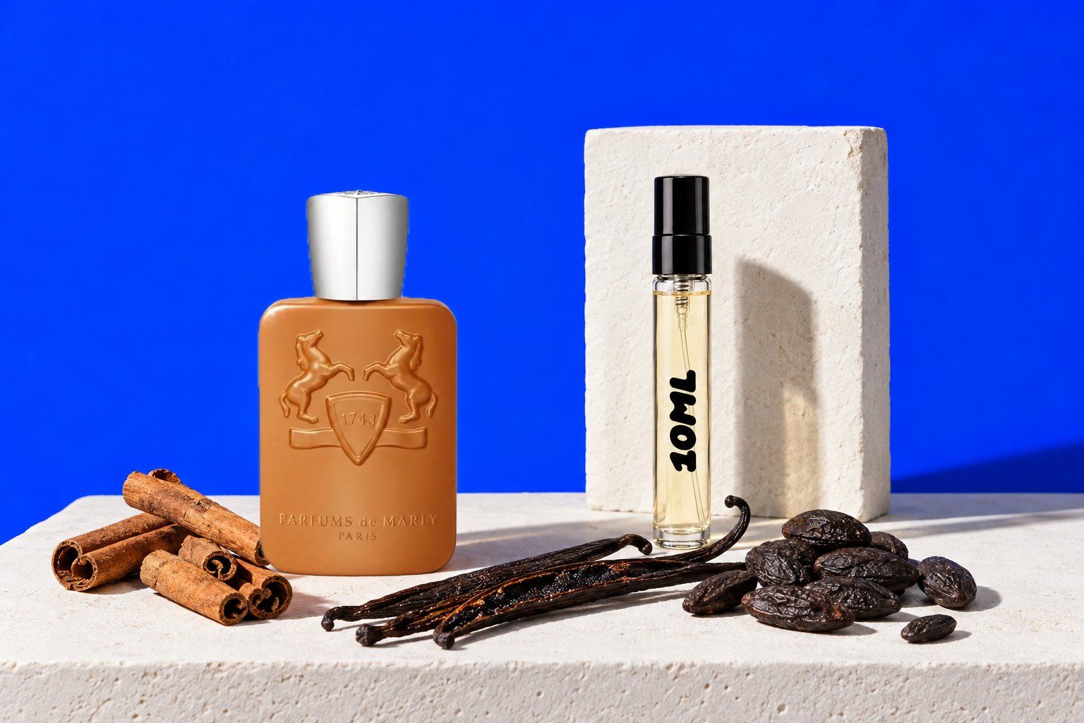 Althaïr by Parfums de Marly next to a 10ML decant, with cinnamon, vanilla and tonka bean, its key notes