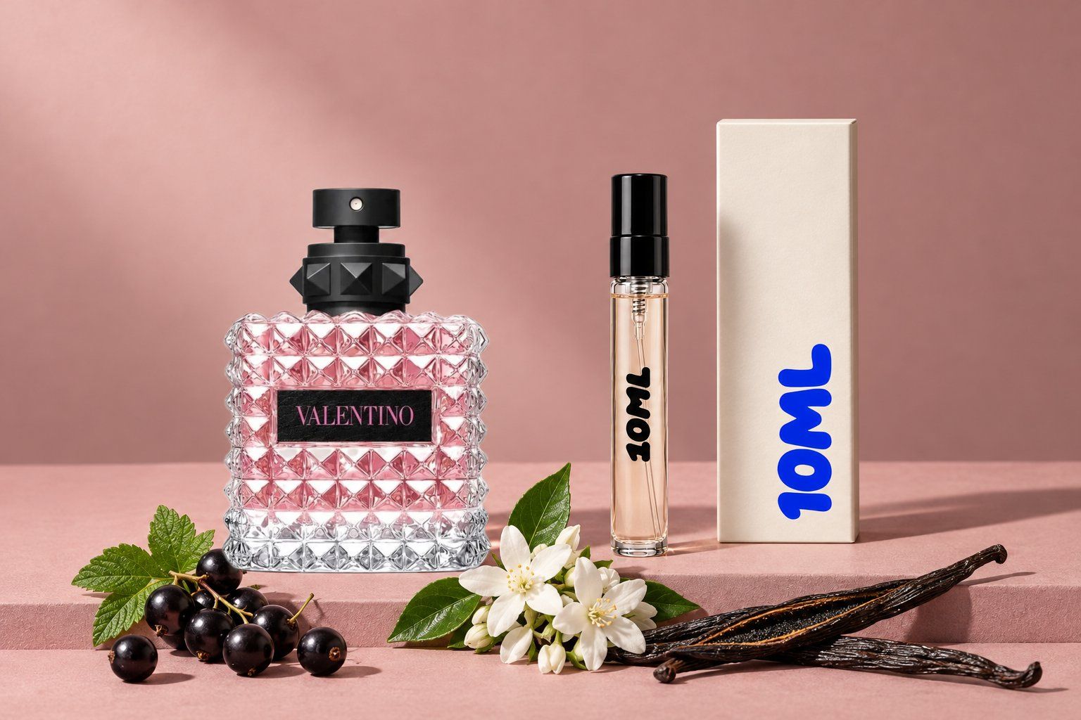 Valentino Donna Born In Roma by Valentino next to a 10ML decant, with blackcurrant, jasmine and vanilla, its key notes