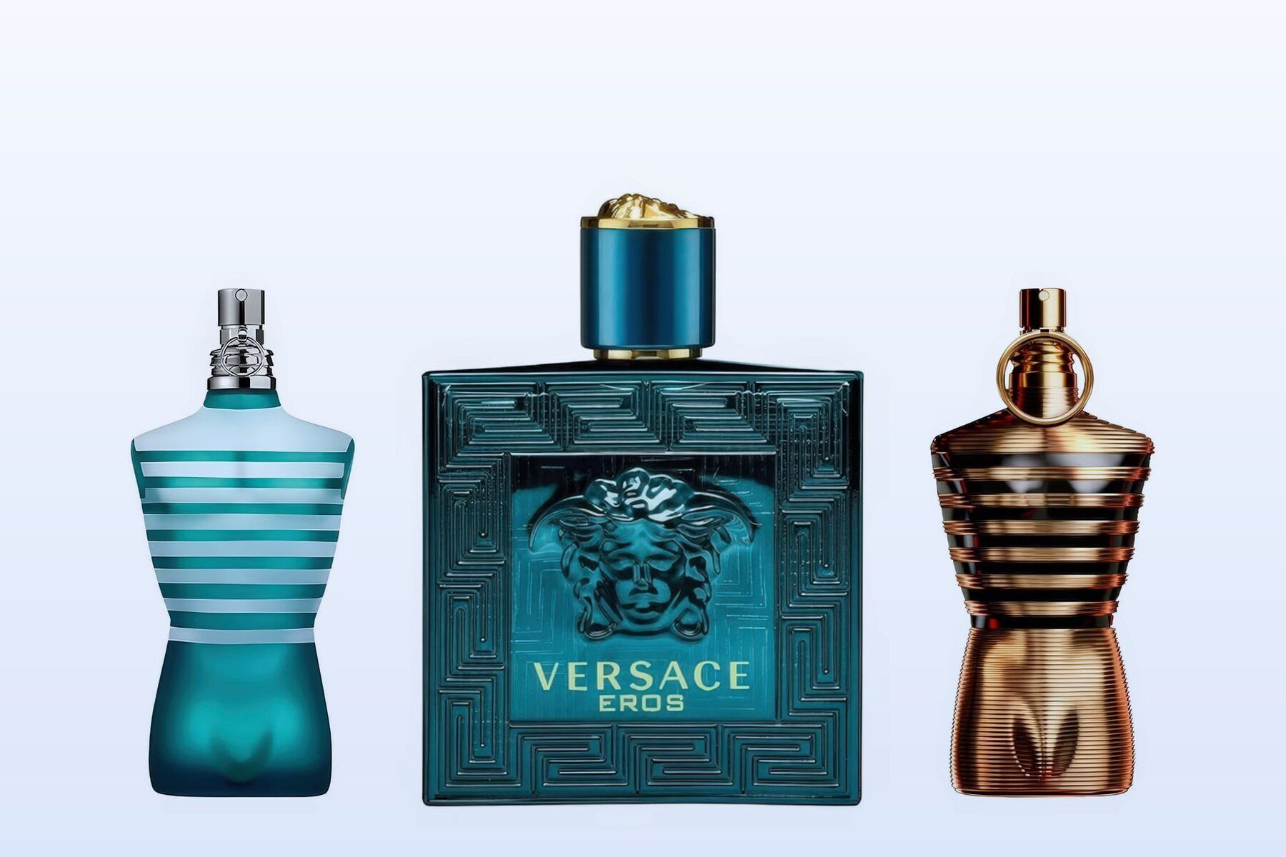 Three bottles on a pale blue background, Le Male, Eros and Le Male Elixir