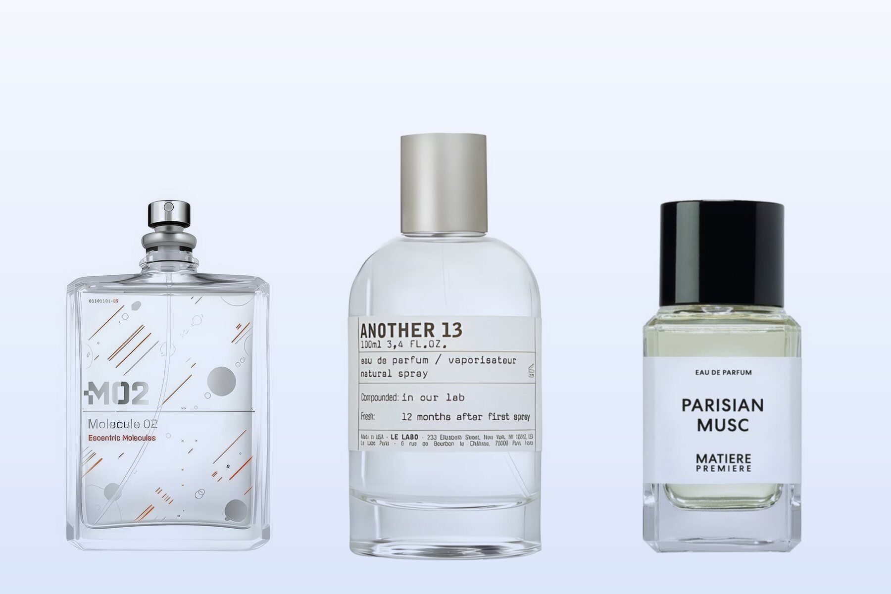 Three bottles on a pale blue background, Molecule 02 by Escentric Molecules, Another 13 by Le Labo and Parisian Musc by Matiere Premiere