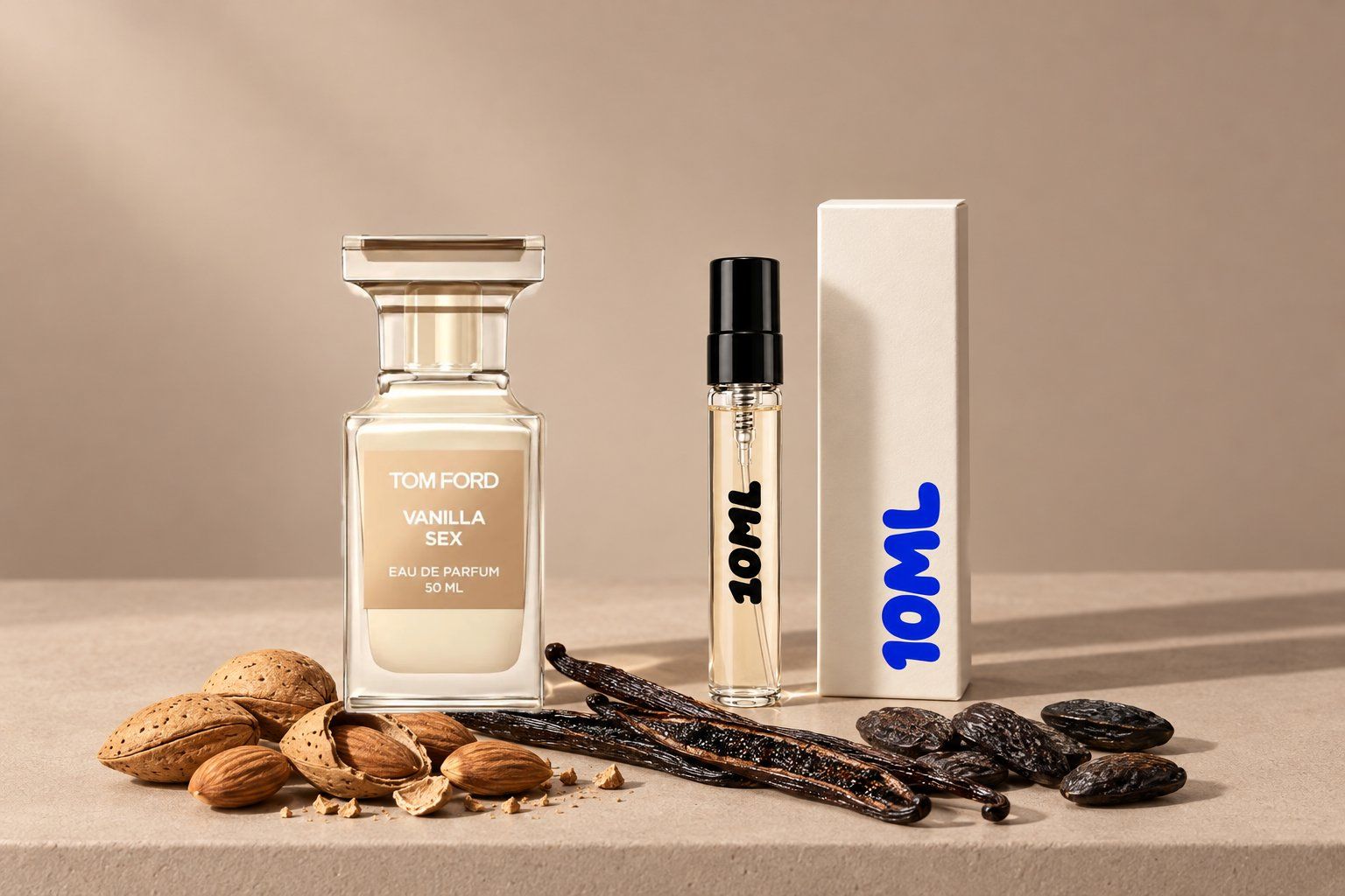 Vanilla Sex by Tom Ford next to a 10ML decant, with bitter almond, vanilla and tonka bean, its key notes