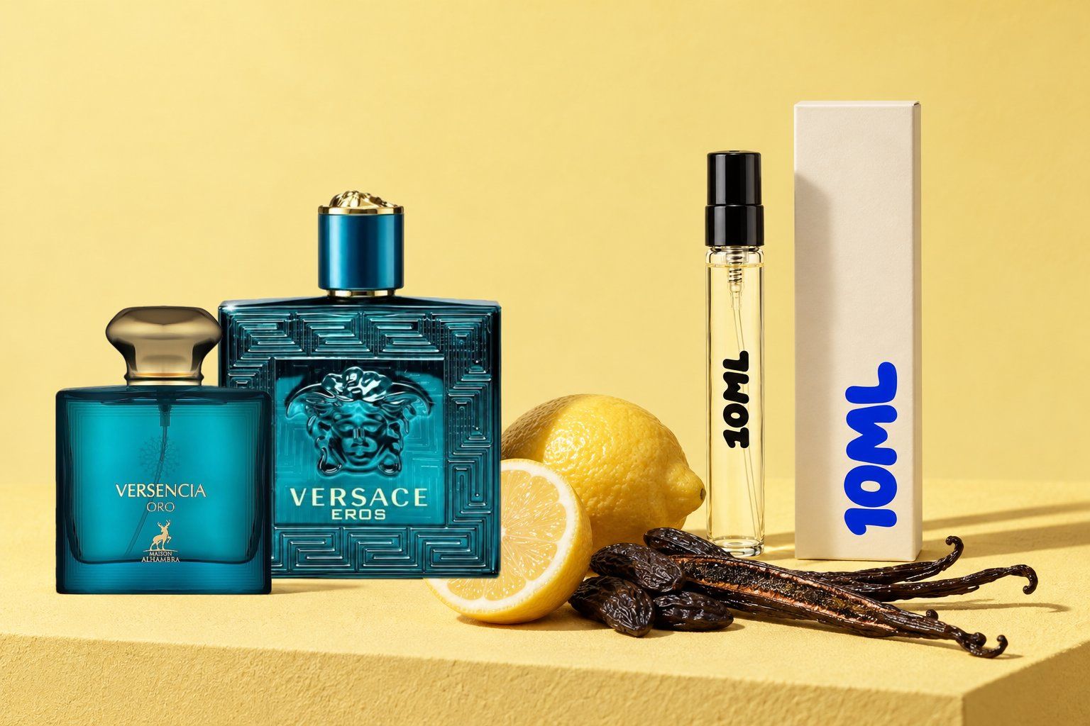 Eros by Versace and Versencia Oro by Maison Alhambra next to a 10ML decant, with lemon, tonka bean and vanilla, the key notes of Eros