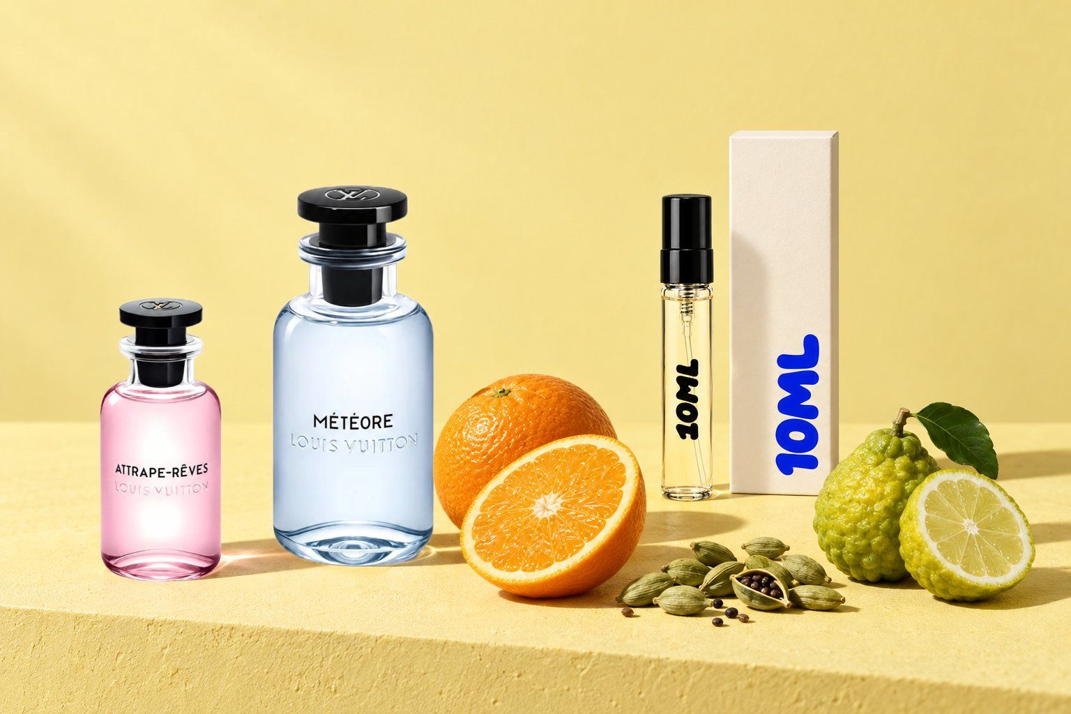 Météore and Attrape-Rêves by Louis Vuitton next to a 10ML decant, with orange, cardamom and bergamot, the key notes of Météore