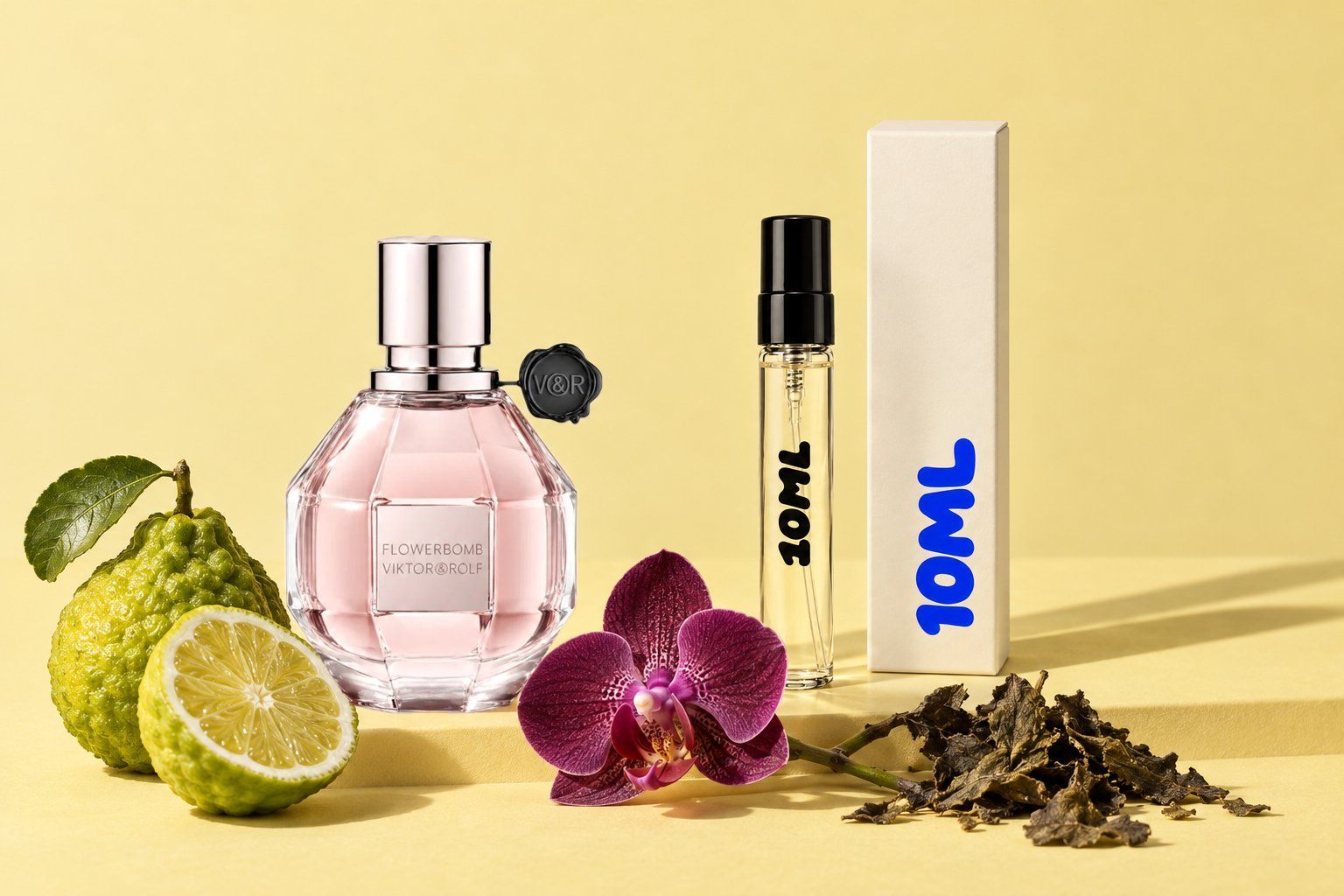 Flowerbomb by Viktor&Rolf next to a 10ML decant, with bergamot, orchid and patchouli, its key notes