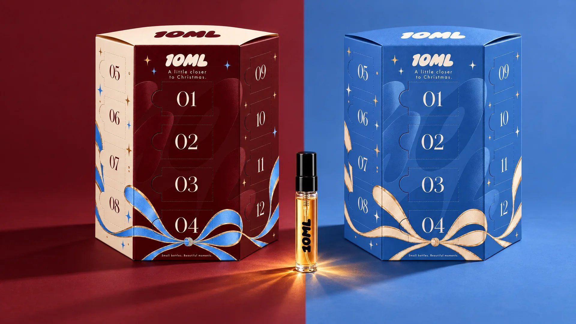 The 10ML advent calendars for her in claret and for him in blue, side by side, with a 3ml amber spray vial between them