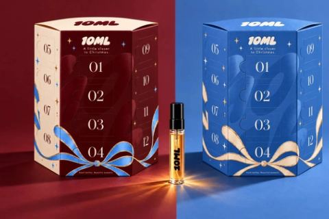 The 10ML advent calendars for her in claret and for him in blue, side by side, with a 3ml amber spray vial between them
