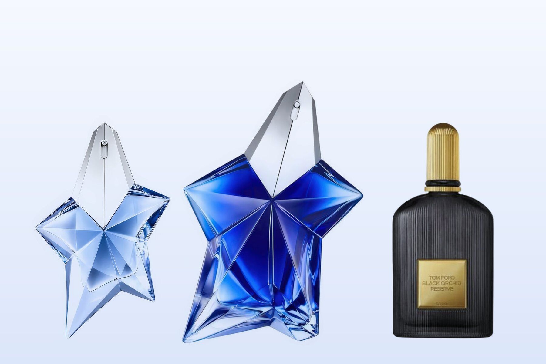 Angel, Angel Stellar and Black Orchid Reserve bottles on a pale blue background