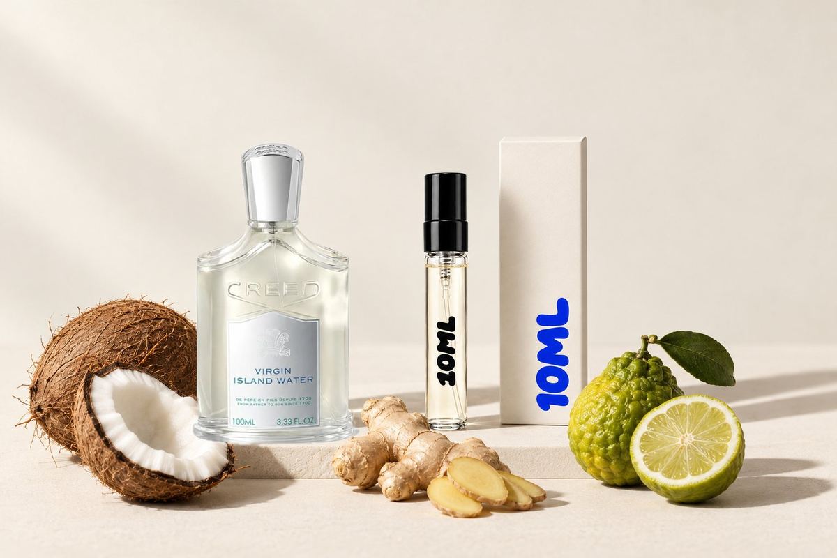 Virgin Island Water van Creed naast een 10ML-decant, met kokos, gember en bergamot, de belangrijkste geurnoten