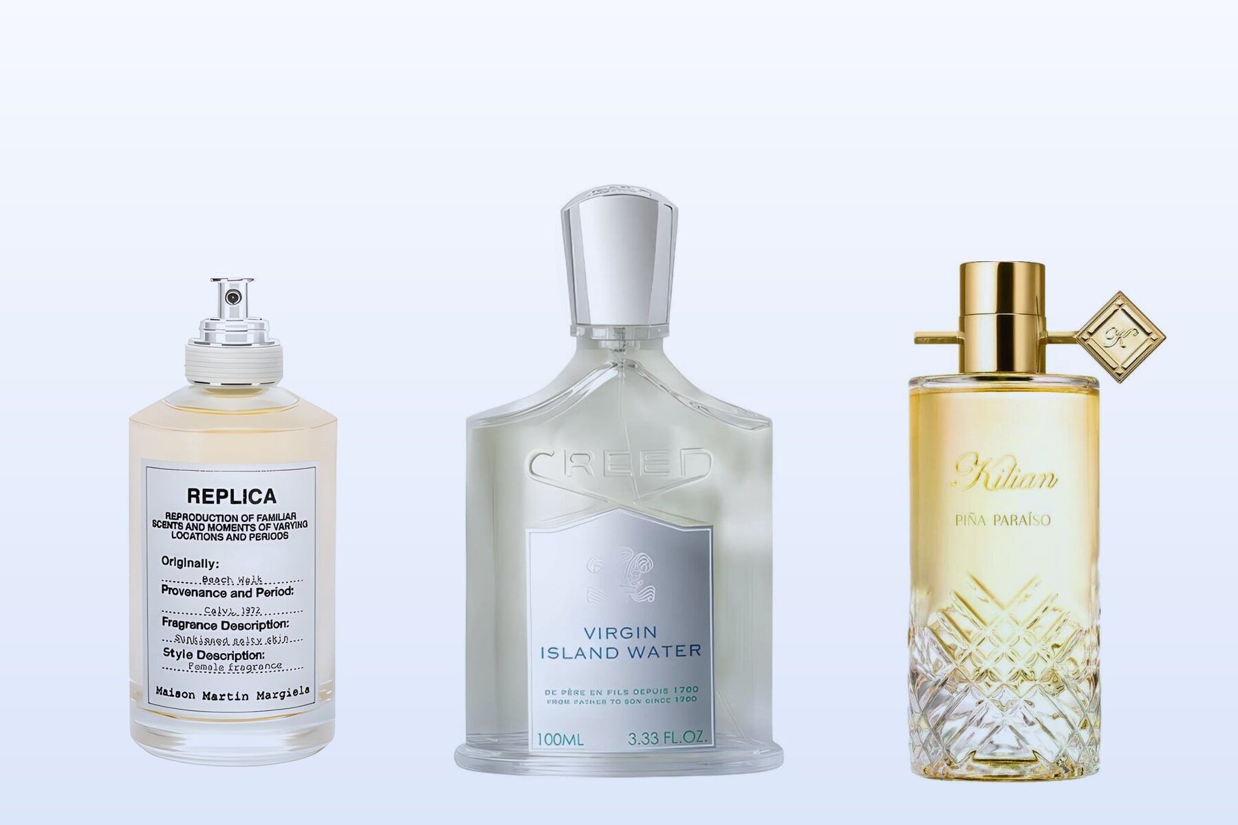 Three bottles on a pale blue background, Beach Walk by Maison Margiela, Virgin Island Water by Creed and Piña Paraíso by Kilian