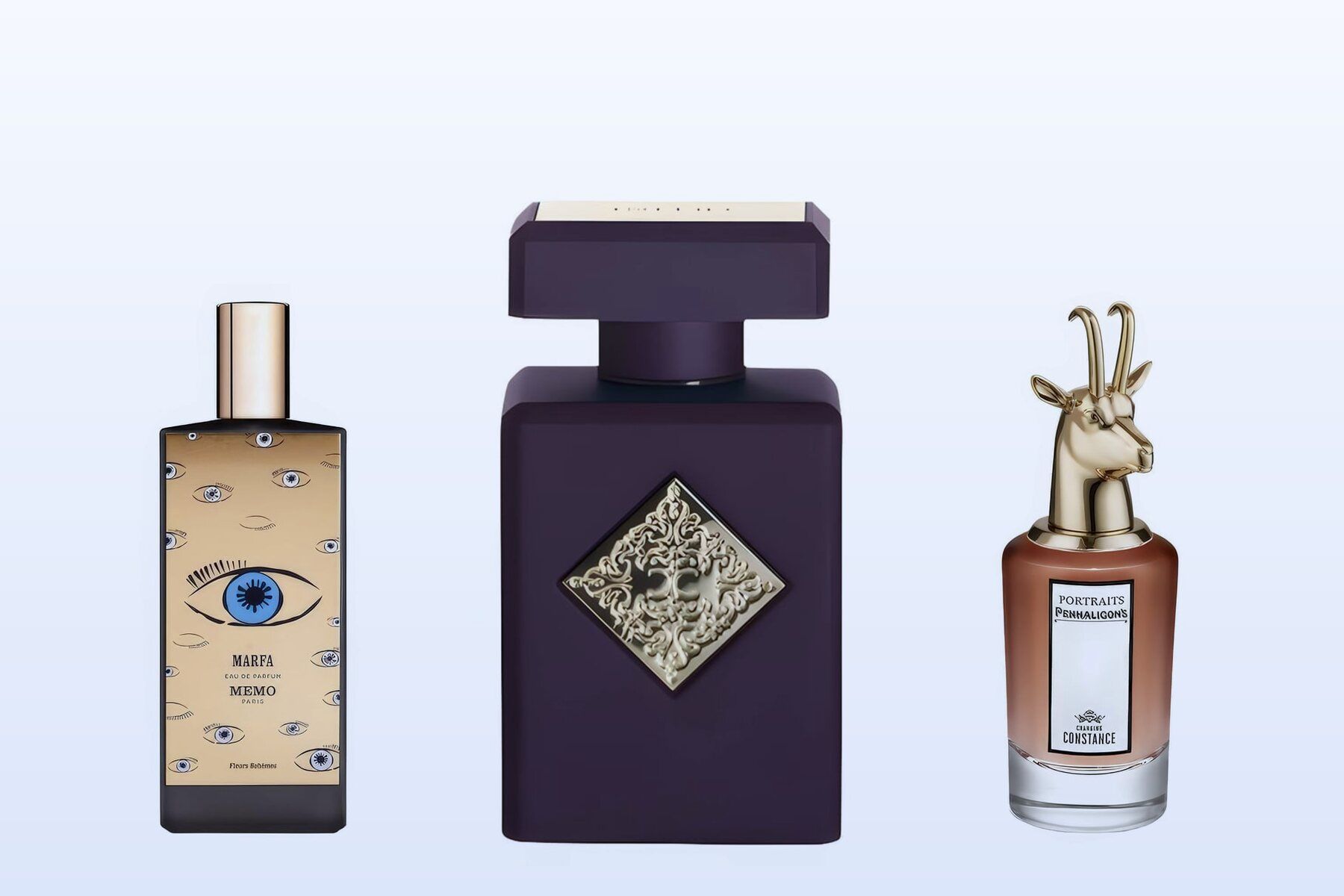 Marfa by Memo Paris, Atomic Rose by Initio Parfums Prives and Changing Constance by Penhaligon's on a pale blue background