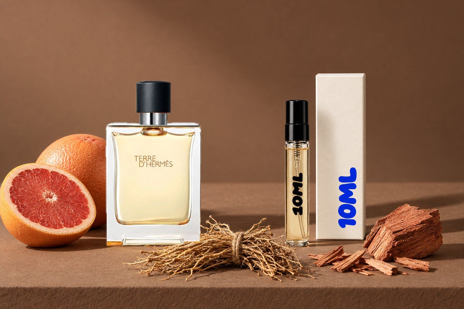 Terre d'Hermès by Hermès next to a 10ML decant, with vetiver, grapefruit and cedarwood, its key notes