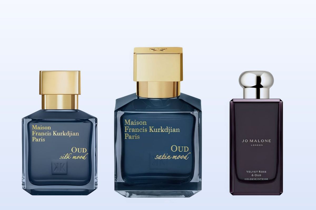 Oud Silk Mood, Oud Satin Mood and Velvet Rose Oud bottles on a pale blue background