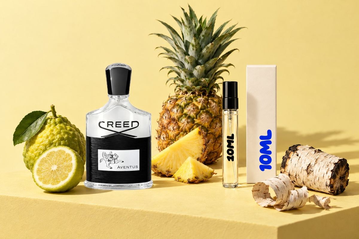 Aventus von Creed neben einer 10ML-Abfüllung, mit den Hauptnoten: Bergamotte, Ananas und Birke