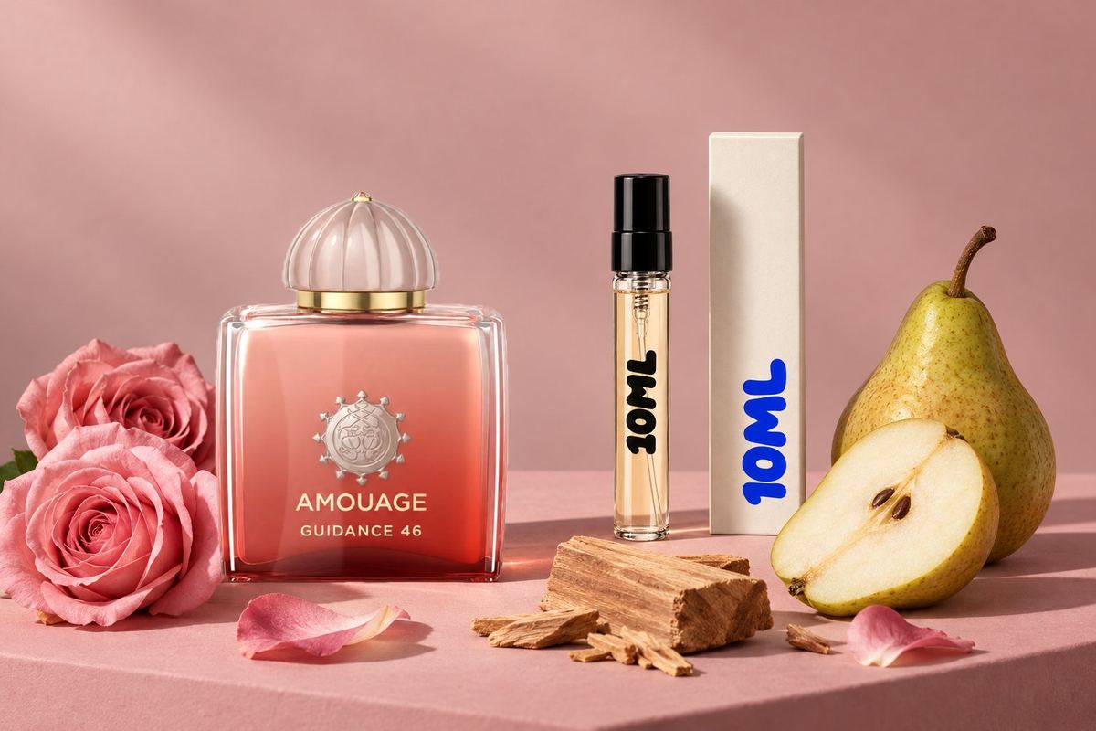 Guidance 46 di Amouage accanto a un decant 10ML, con le sue note principali: rosa, legno di sandalo e pera
