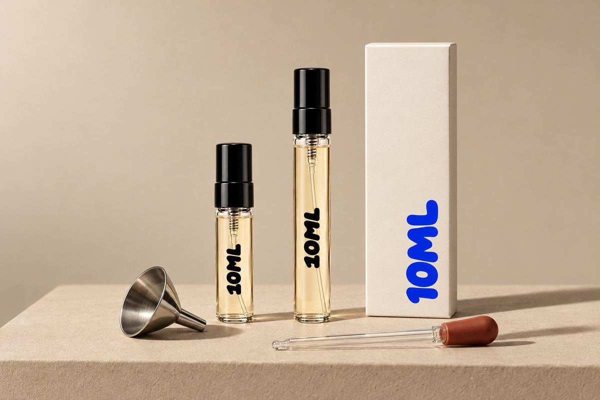 A 10ML 3ml and 10ml decant beside a small steel funnel and a glass pipette, two of the tools used to move perfume into an atomiser