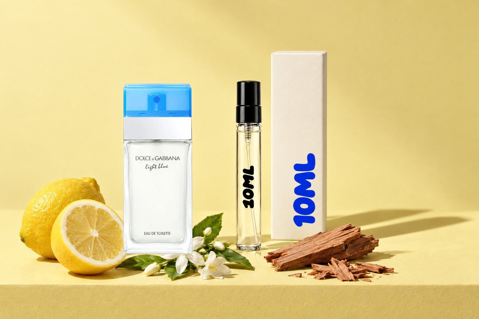 Light Blue van Dolce&Gabbana naast een 10ML-decant, met citroen, jasmijn en cederhout, de belangrijkste noten