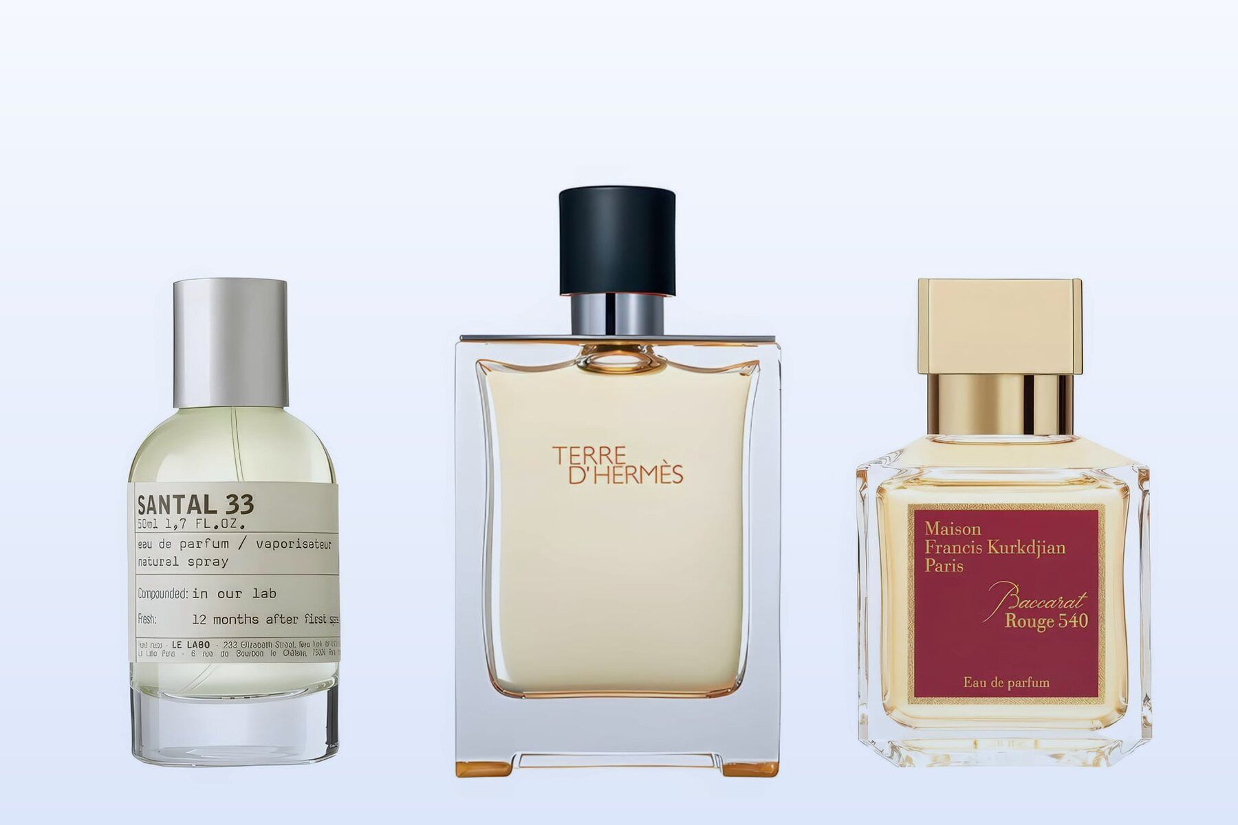 Three fragrance bottles, Santal 33, Terre d'Hermès and Baccarat Rouge 540, on a pale blue background