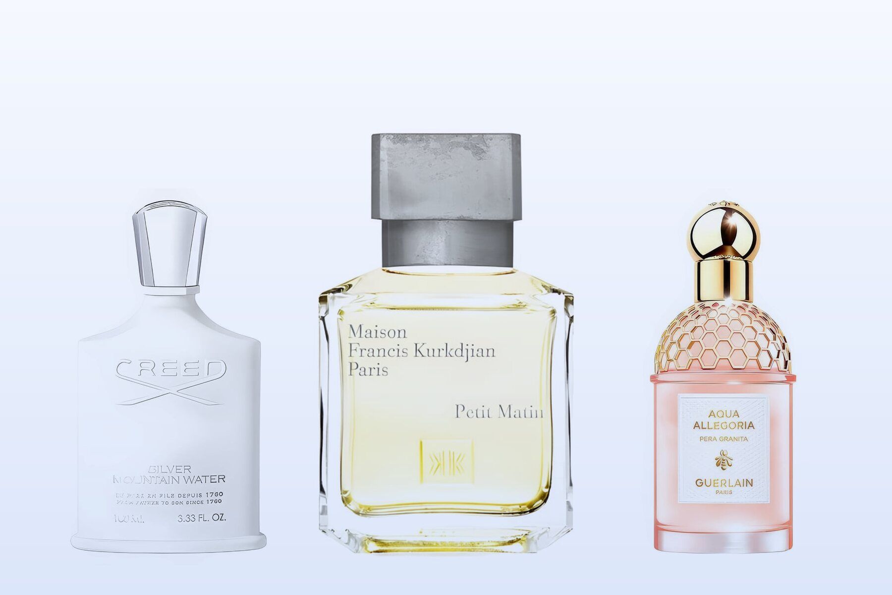 Silver Mountain Water by Creed, Petit Matin by Maison Francis Kurkdjian and Aqua Allegoria Pera Granita by Guerlain on a pale blue background