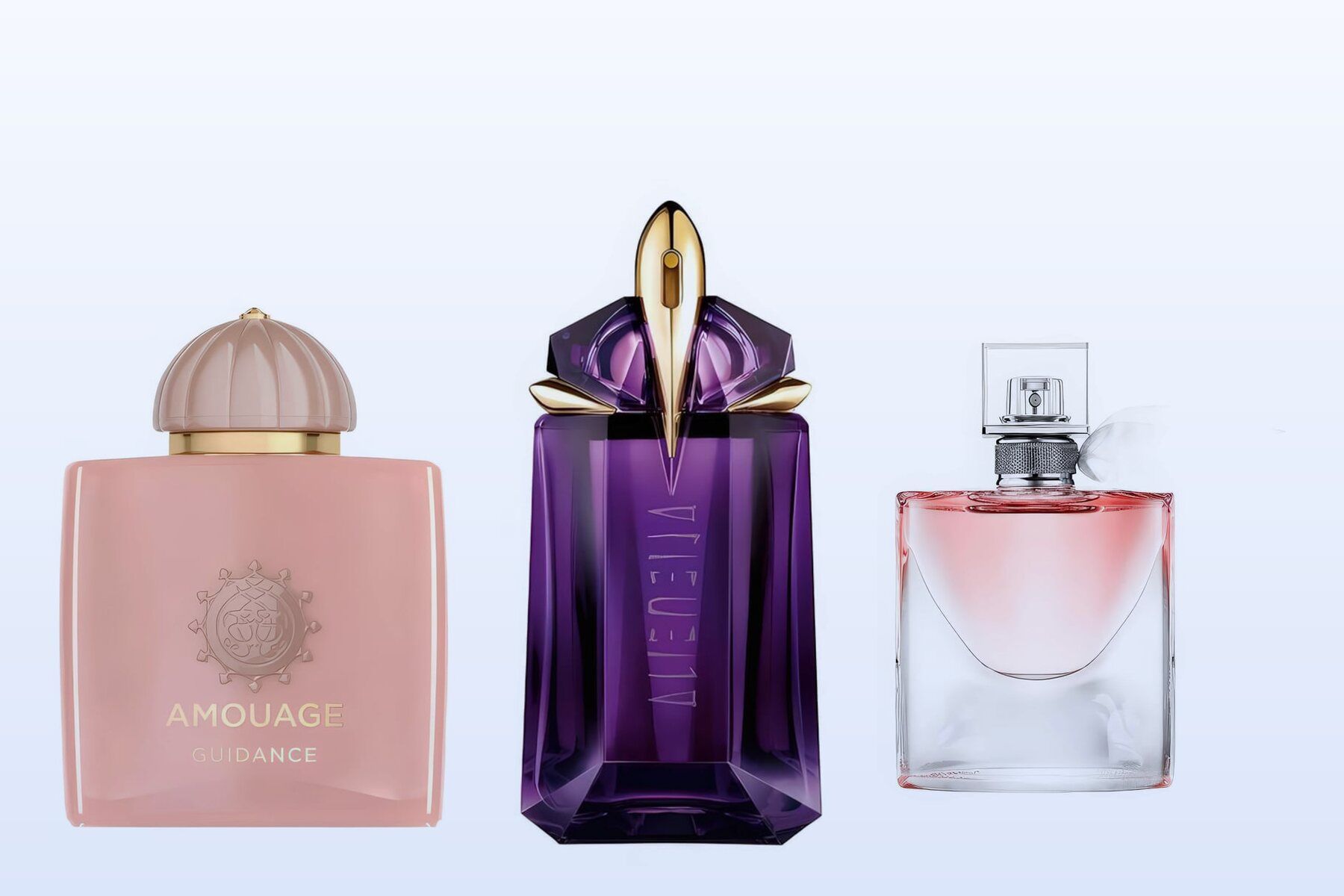Three fragrance bottles, Guidance, Alien and La Vie Est Belle, on a pale blue background