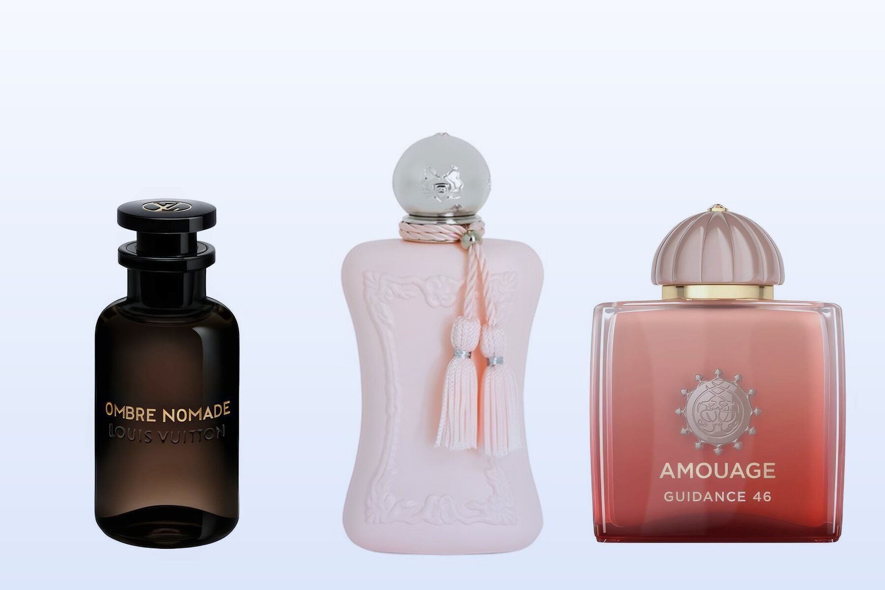 Three fragrance bottles, Ombre Nomade, Delina and Guidance 46, on a pale blue background