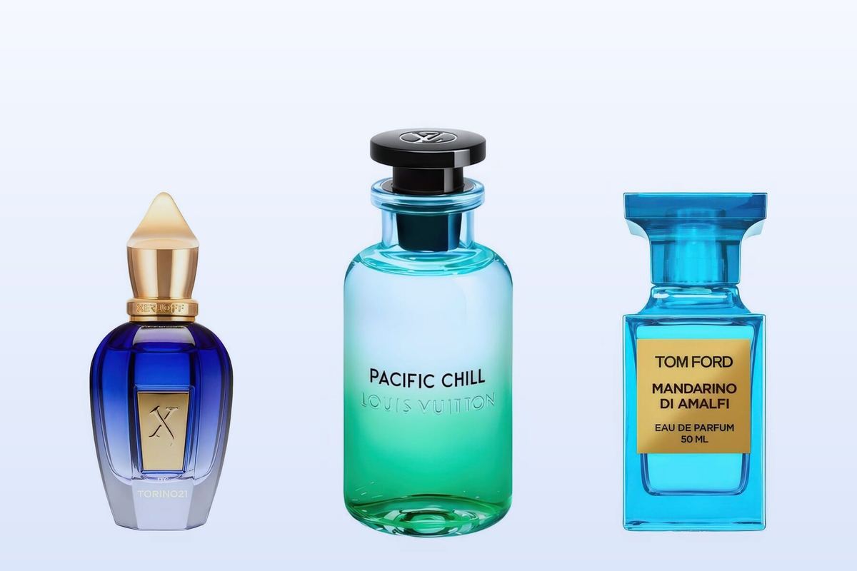 Three bottles on a pale blue background: Torino21, Pacific Chill and Mandarino di Amalfi