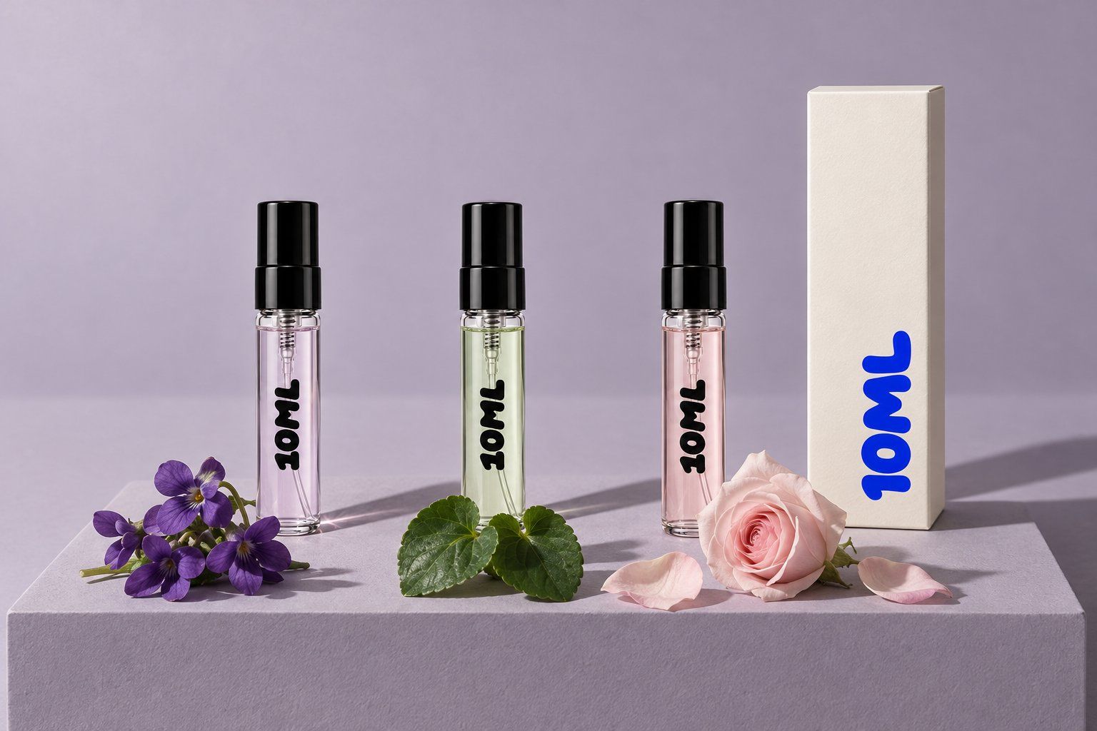 Drie 10ML-decants van 3ml met violetparfums, met bloemen van het welriekend viooltje, hartvormige viooltjesbladeren en een lichtroze roos