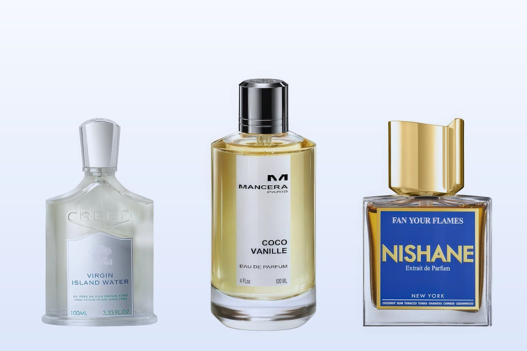 Three fragrance bottles, Virgin Island Water, Coco Vanille and Fan Your Flames, on a pale blue background