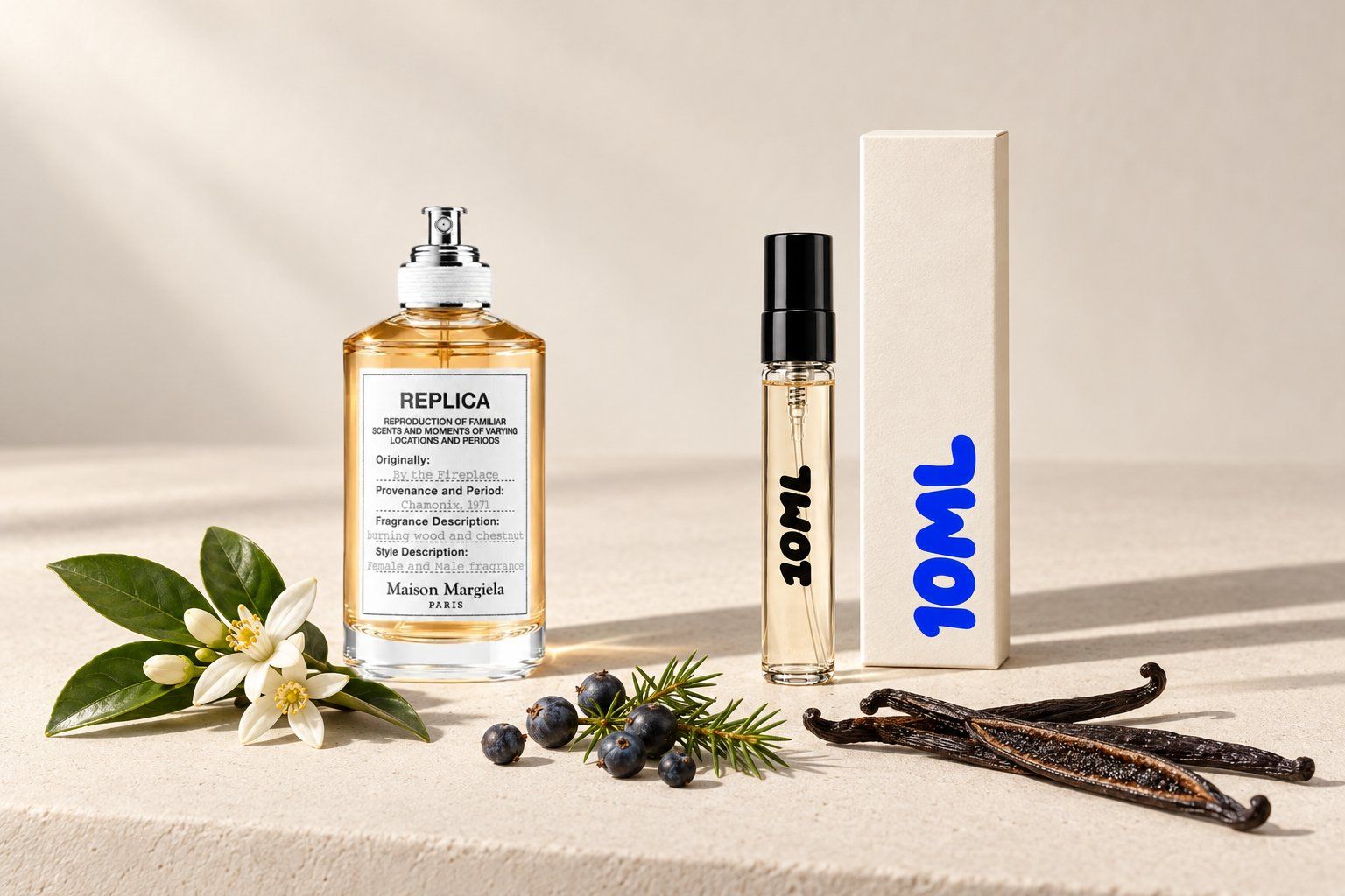 By the Fireplace van Maison Margiela naast een 10ML-decant, met oranjebloesem, jeneverbessen en vanille, de belangrijkste geurnoten
