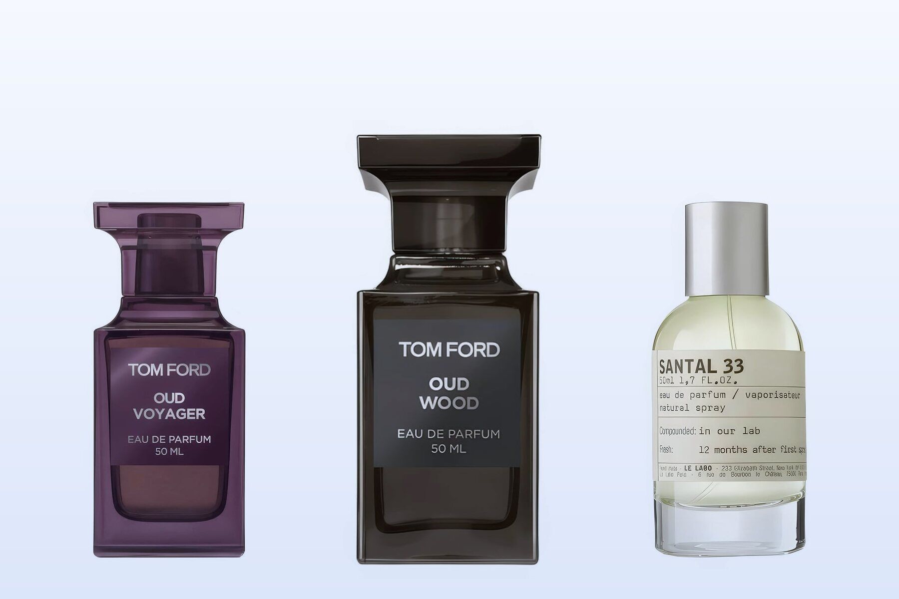 Drei Flakons vor hellblauem Hintergrund: Oud Voyager, Oud Wood und Santal 33