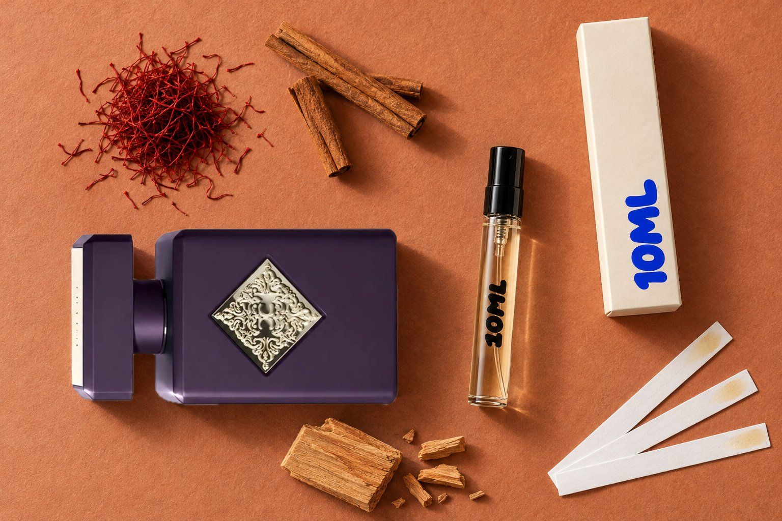 Side Effect by Initio Parfums Prives next to a 10ML decant, with cinnamon, saffron and sandalwood, its key notes