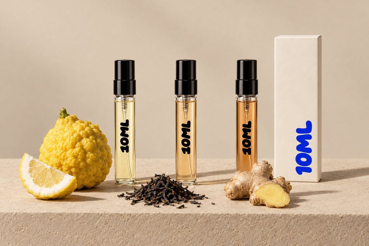 Three 10ML 3ml decants beside a citron, loose black tea leaves and fresh ginger, the notes of Louis Vuitton Imagination and the Louis Vuitton perfumes to sample next
