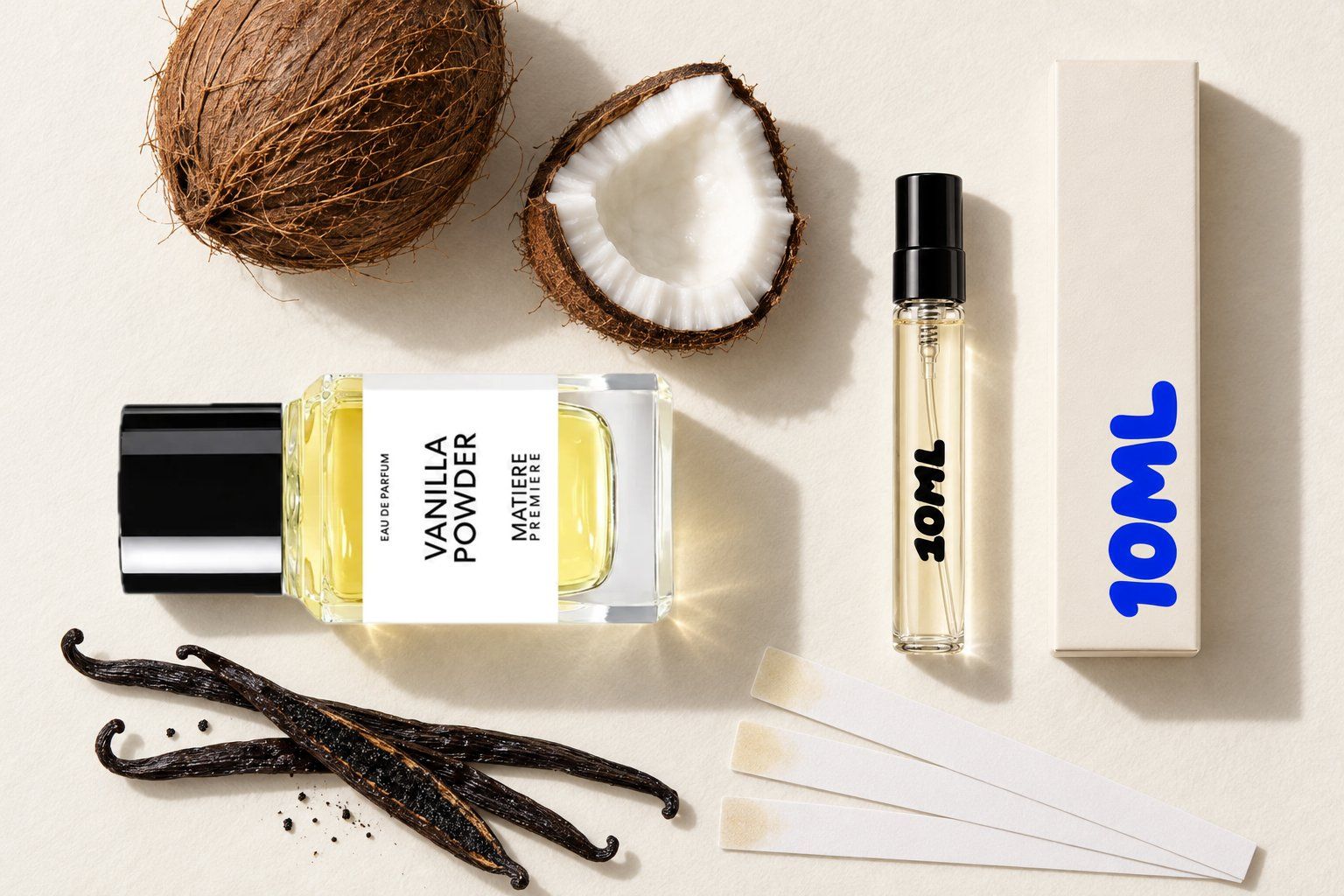 Vanilla Powder by Matière Première next to a 10ML decant, with coconut and vanilla, its key notes