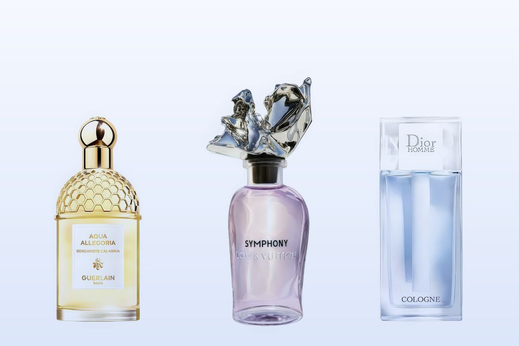Aqua Allegoria Bergamote Calabria, Symphony and Dior Homme Cologne bottles on a pale blue background