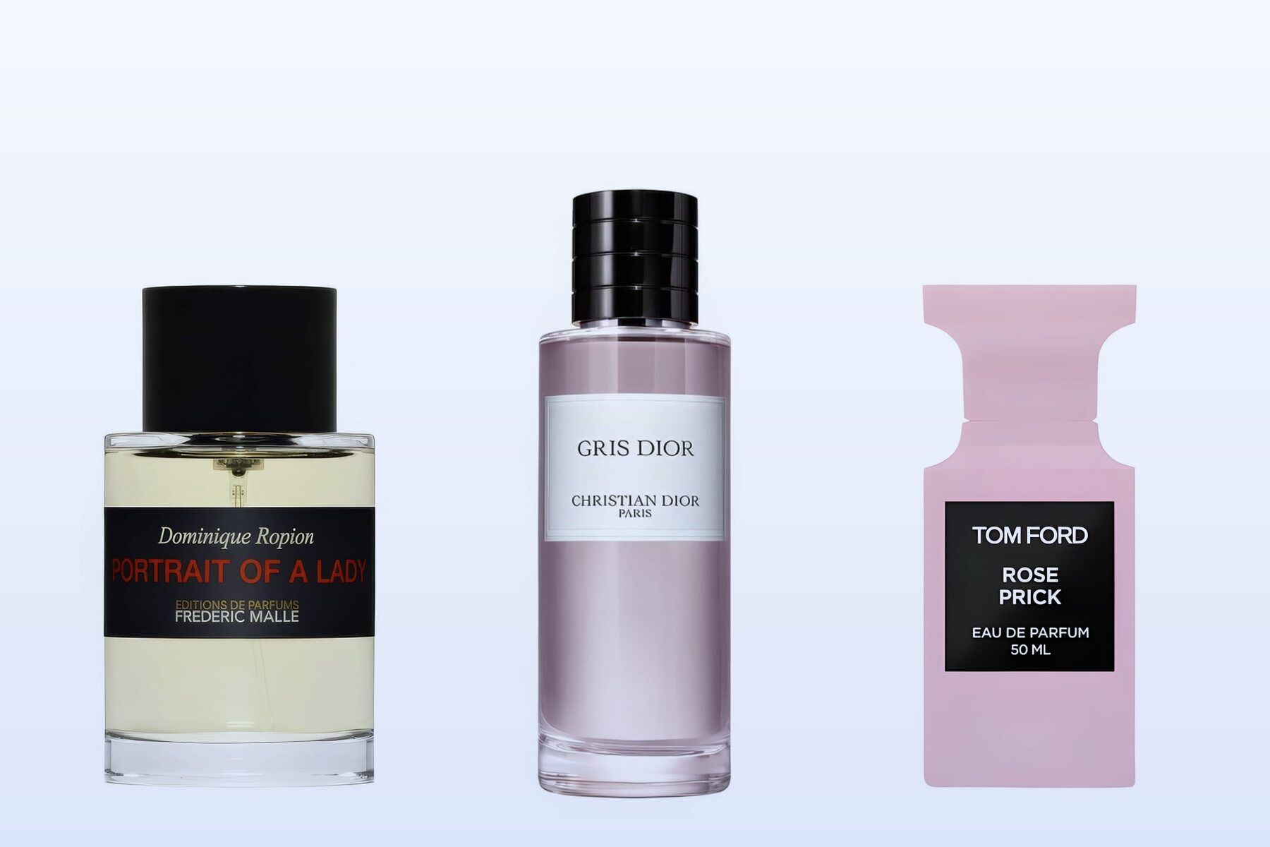 Μπουκάλια Portrait of a Lady, Gris Dior και Rose Prick σε απαλό γαλάζιο φόντο