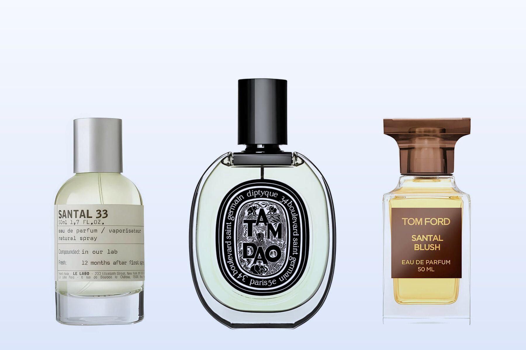 Le Labo Santal 33, Diptyque Tam Dao and Tom Ford Santal Blush on a pale blue background